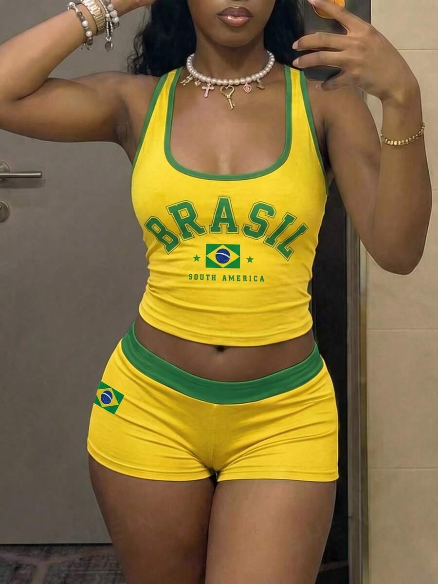 StreetHx 巴西黃綠國旗配色 BRASIL 字母印花 U領修身短版背心 + 超短褲 2件套 - 彩色 - 查看 1