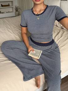 Dazy Plus 2pcs/Set Striped Casual Colorblock Patchwork Slim Fit Short Sleeve Top & Long Pants Loungewear Pajama Set For Spring Summer Autumn - Navy Blue - View 5