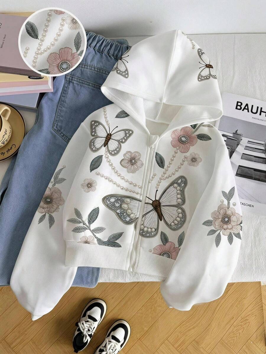 SHEIN Soft Girls' Hoodie With Butterfly Floral & Pearl Print, Zip-Up Style For Casual Days - White - View 1
