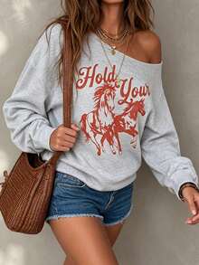 SHEIN Holidaya Women's Letter Horse Print Asymmetric Shoulder Long Sleeve Casual Western Sweatshirt Everyday Traveling Grey Fall - Light Grey - View 4