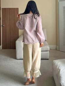 DAZY Women's Solid Color Contrast Lace Front Tie Long Sleeve Top And Pants Pajama Set - Apricot - View 2