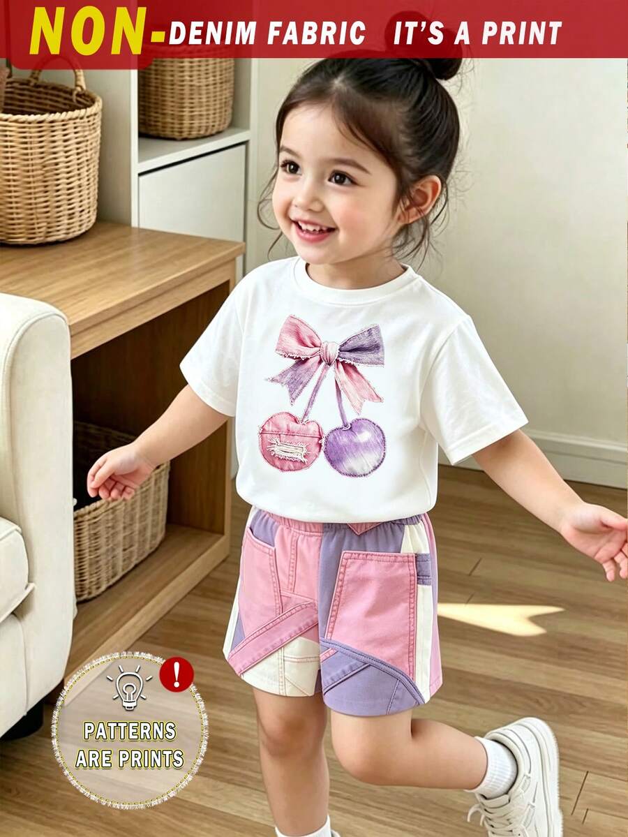 Conjunto básico de camiseta corta y pantalones cortos para bebé niña con lazo rosa y estampado patchwork de cerezas, estilo minimalista fresco - Multicolor - Ver 1
