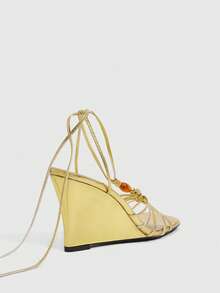 CUCCOO SZL Ladies Fashion Elegant Party, Thick Heel Wedge, Square Toe Kink, Lace-Up Beaded Sandals - Gold - View 3