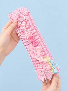 Zazumi 1PC/2PCS Kawaii Soft Girl Hair Band Pink Plaid Pleated Pastel Bows Ruffled Frill Hair Decor Accessory With Lace Strap For Casual Outings Gatherings - Multicolor - View 3