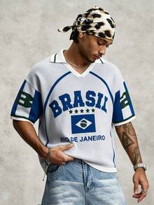 PAVTROS Men's Letter Striped Jacquard Contrast Color Short Sleeve Knit Top - Blue and White - View 2