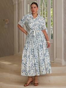 VOLUPTÉ CURVE Plus Size Women's Spring/Summer Blue And White Floral Lace Trim Shirt Collar Short Sleeve Maxi Skirt Set, Elegant A-Line Work Brunch Vacation Set - Blue - View 4