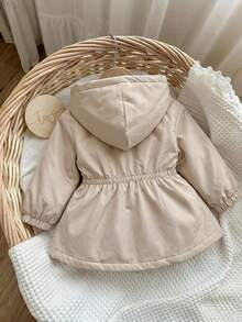 SHEIN Cute, Versatile, Solid-Color, Fleece-Lined Hooded Jacket For Baby Girls-Perfect For Fall And Winter. - Khaki - View 2