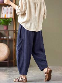 SHEIN Women's Vintage Casual Lantern Pants Loose Comfortable Pumpkin Pants Ramie Linen - Dusty Blue - View 2