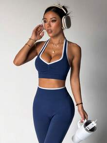 Gameset SHEIN Sport Women's Contrast Trim Backless Halter Top & Leggings Sports Set - Navy Blue - View 5