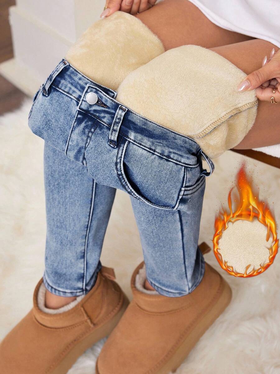SHEIN PETITE بنطلون جينز نسائي شتوي مبطن حراري بقصة ضيقة ملابس خريفية