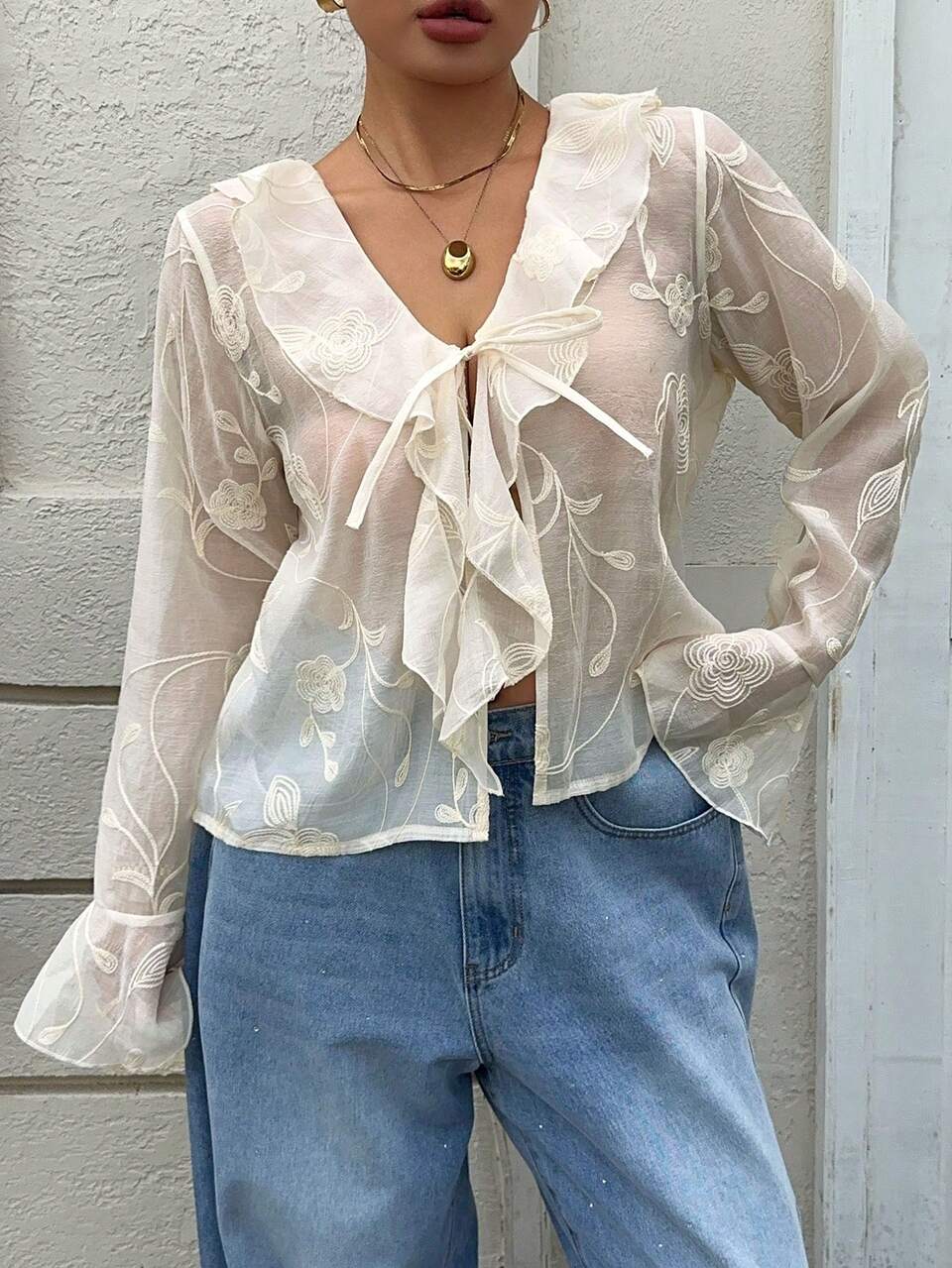 Dazy Plus Embroidered Floral Elegant Full Body Floral Tie Vacation Style Casual Bell Sleeve Long Sleeve Shirt Spring Summer Autumn