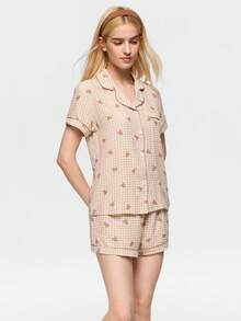 Bonmuse 2pcs Comfortable Plaid Teddy Bear Print Pajama Set, Short Sleeve Collared Top With Pocket And Bow Shorts, Women Sleepwear Homewear For All Seasons - Brown - View 3