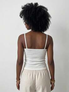 Livesso Summer Autumn Spaghetti Strap Bow Decor Square Neck Fitted Solid All White Polka Dot Women's Tank Top Lounge Cute Everyday House Romantic - White - View 2