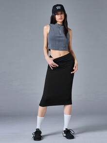 SHEIN BASICS 女款高腰緊身夏季裙 - 黑色 - 查看 5