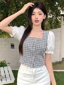 DAZY Women's Contrast Color Block Short Sleeve Front Button Simple Casual Shirt Plaid Babydoll Top - Blue - View 8