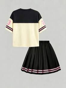 Girls' Set Sweet Cool Style! White Pink Black Color Block Eye-Catching, T-Shirt Street Style; Striped Color Block Design On Cuffs Is Lively. Paired With Pleated Black Short Skirt, Pink Black Striped Hem Echoes The Top, Casual And Fashionable. The Overall Outfit Is Full Of Energy, Easily Unlocks Sweet Girl Sporty Style, Suitable For Daily, Travel And Multiple Scenes, A Must-Have Eye-Catching Children's Clothing. - Multicolor - View 2