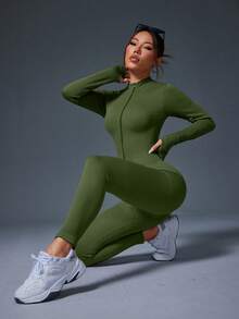 SHEIN With My Calm 羅紋拉鍊長袖運動連身衣 - 綠色 - 查看 3