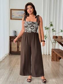Weeklong Plus Size Bohemian Boho Vacation Casual Strappy Tie-Up Spaghetti Strap Sleeveless Printed Patchwork Long Pants Jumpsuit Brunch Brown Summer - Brown - View 6