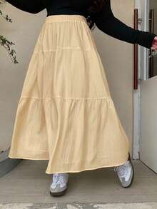 Dazy Plus Plus Size Women's Elastic Waist Patchwork Loose A-Line Skirt Spring Summer - Apricot - View 6