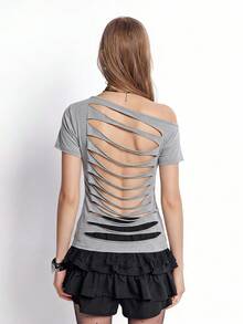 Bloopia Women's Casual Grunge Y2K Streetwear Goth Sexy Colorblock Cold Shoulder Top Nightclub Night Ibiza Clubbing Gray Summer Street Fashion Outfit Halloween - Dark Grey - View 3