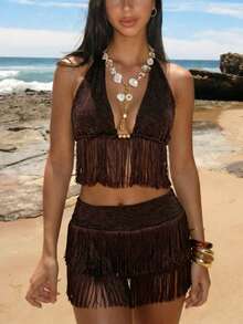 Allurite Conjunto de Top Halter con Flecos Brillantes Marrón y Minifalda, Atuendo de 2 Piezas para Fiesta para Mujer - Café integral - Ver 6