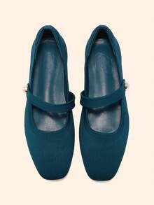CUCCOO BASICS Women's Fashion Fabric Comfortable Breathable Pearl Decor Mary Jane Flats For Commuting, Dating, Party, School For Christmas Spring Shoes - Peacock Blue - View 4