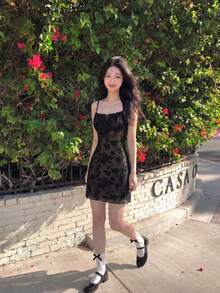 SHEIN MOD Black Date Night Romantic Floral Print Tie Front Cami Dress - Black - View 4