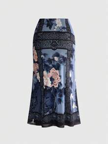 ROMWE 新款中式風格花卉印花網紗大尺碼女款裙 - 藍色 - 查看 2