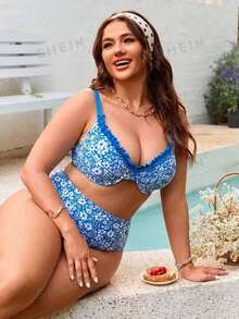 Swim Mod Plus-Size Ditsy Floral Underwire Push-Up Bikini Set (European And American Styles) - Blue - View 4