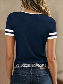 EMERY ROSE Women's Colorblock American Flag & Letter Print Round Neck Short Sleeve T-Shirt, Summer Top With V-Neck Zipper Design - Multicolor - View 2