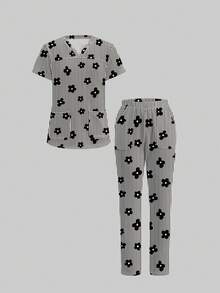 TaskEZ Scrub Set With Cute Striped Floral Print V-Neck Design, Workwear Suitable For Office Commute And Pet Hospital - Multicolor - View 11