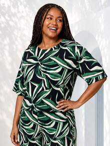 ELLERISSA Mono de pierna ancha y corto con estampado tropical verde en talla grande - Verde - Ver 3
