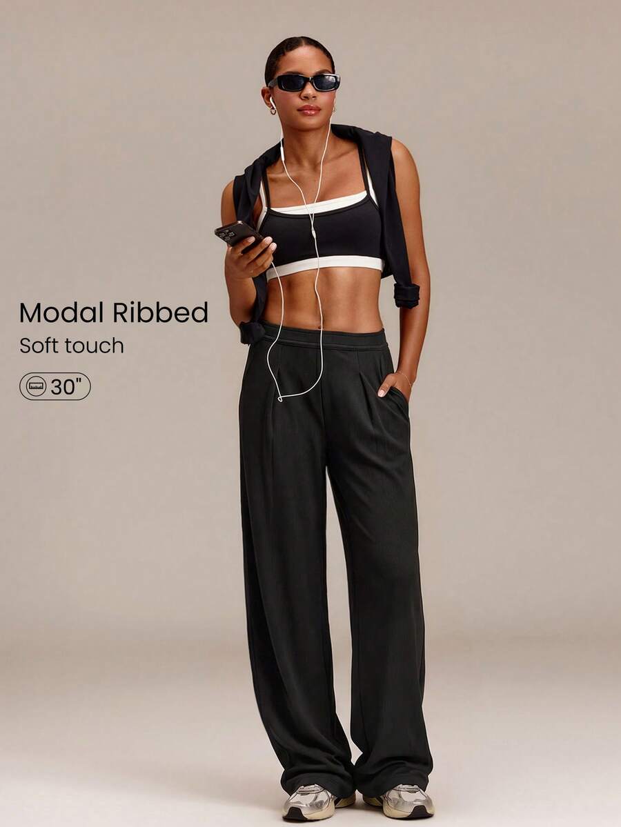 GLOWMODE 28" Modal Ribbed Glow Easy High-Waisted Wide Leg Joggers With Adjustable Drawstring & Side Pockets Training Workout Daily Active Casual - Black - View 1