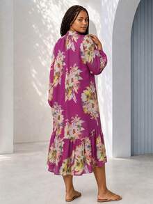 ELLERISSA Vestido midi de talla grande con cuello alto, mangas raglán, cintura caída y estampado floral magenta - Multicolor - Ver 2