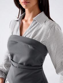 LYSMO Colorblock Patchwork Plaid Cinched Waist Shirt - Multicolor - View 7