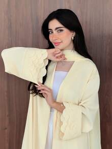 Yasmeen Edit Yasmeen Edit Spring/Summer Elegant Yellow Collarless Long Robe With Heavy Scalloped Cuffs And Chiffon Headscarf - Yellow - View 2