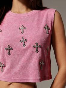 Denimoi Rhinestone Cross Charms Cropped Low Armhole Tank Top, Fashionable, Crop Top - Pink - View 10