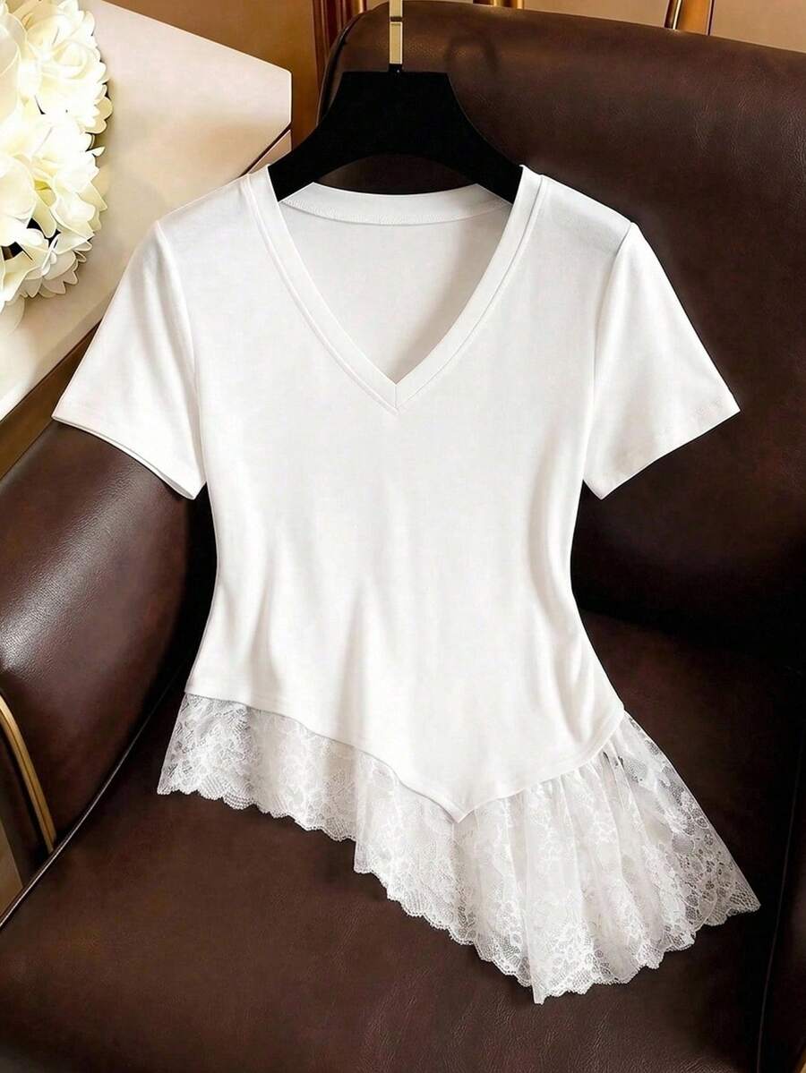 Franclia Sexy Elegant Sheer Summer Casual Snowflake Textured Fabric Lace Trim Short Sleeve Plus Size Women's T-Shirt Top Office Brunch Party Business All White - White - View 1