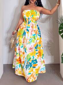 SHEIN CURVE+ Robe sans bretelles plissée à imprimé floral décontractée pour soirée pour femmes grandes tailles - Multicolore - Voir 6