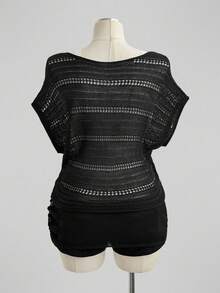 Sunspun French Style Exquisite Cinched Waist Square Neck Batwing Sleeve Hollow Out Off-Shoulder Unique Knit Top - Black - View 2