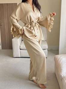 DAZY 2pcs Elegant Contrast Color Lace Trim Sleeve Decor Women's Sleepwear Set, Summer Pajamas - Beige - View 5