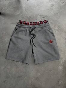 PAVTROS Pantalones cortos para hombre con diseño bordado, cintura con cordón y bolsillos - Gris Oscuro - Ver 2