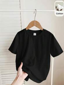 SHEIN Tween Girl Knitted Solid Color Crew Neck Fitted Casual T-Shirt - Black - View 4