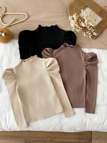 SHEIN 女童針織純色休閒荷葉領T恤三件套 - 彩色 - 查看 7