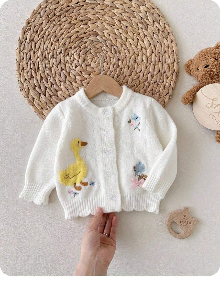 新生兒小鴨花朵刺繡開襟衫 - 米色 - 查看 1