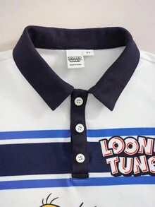 LOONEY TUNES X SHEIN 小男孩休閒卡通條紋印花短袖日常T恤 - 藍色 - 查看 3