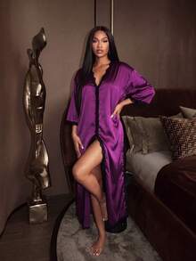 Silforma Contrast Color Lace Patchwork V Neck Oversized Faux Silk 3/4 Sleeve Long Nightgown, Moo Moo, Fall, Winter - Maroon - View 5