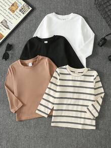 SHEIN 4件/套 男童女童休閒學院風純色百搭拼接條紋圓領長袖T恤多件套，舒適百搭，適合外出、居家、春夏季秋冬、校園聚會、假期、聖誕節 - 彩色 - 查看 6