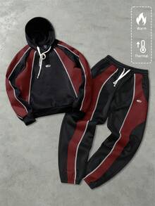 ROMWE MEN Prep 男士連帽衛衣套裝，秋冬日常街頭風，美式英文印花拼接連帽衛衣套裝，中性款 - 黑色 - 查看 1