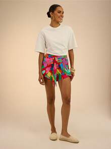 Dancing Leopard Red Tropical Wrap Tie Front Shorts, Holiday/Vacation Wear - Multicolor - View 5